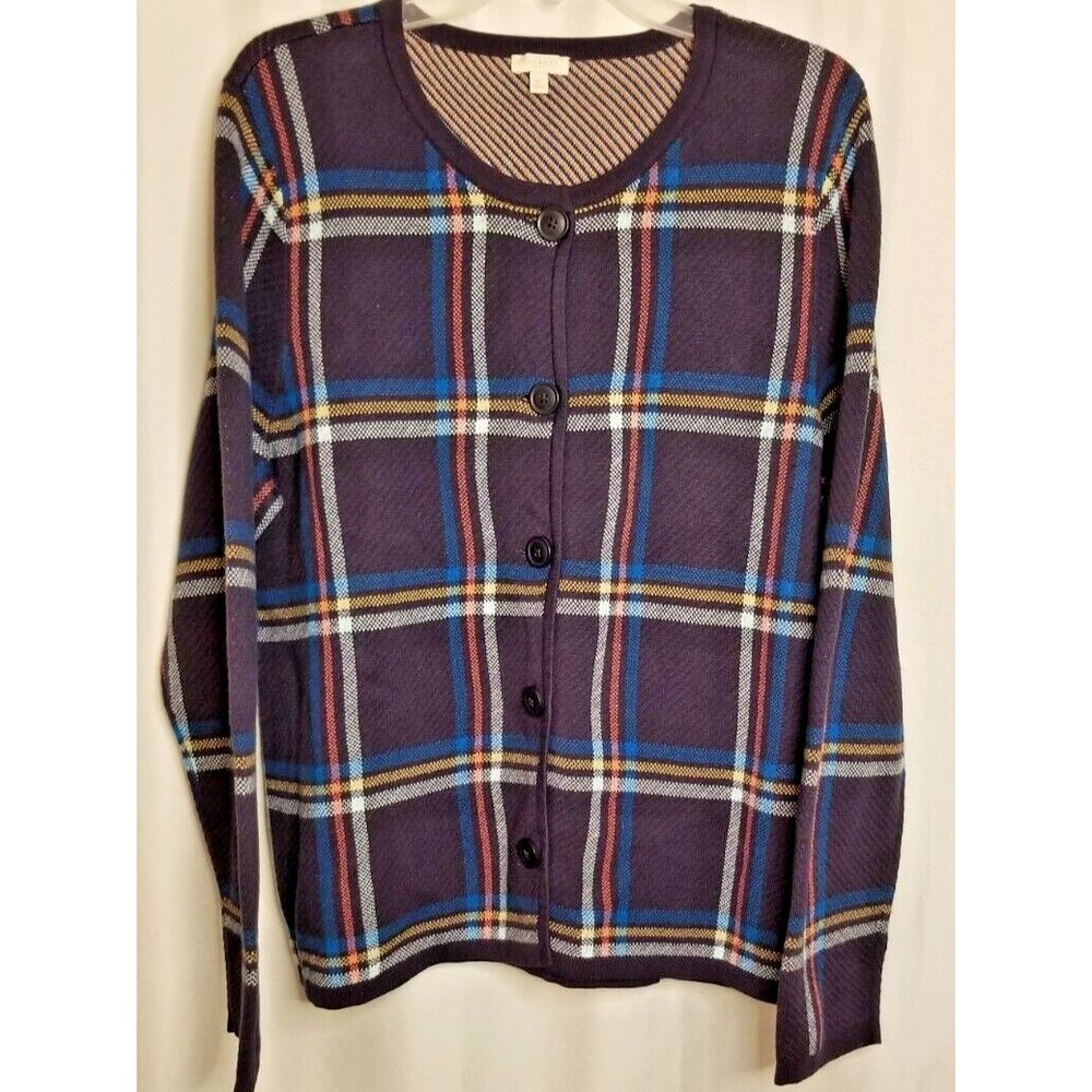 Talbots Women's Knit Cardigan Jacket Navy Blue Plaid Button Long Sleeve Size XL